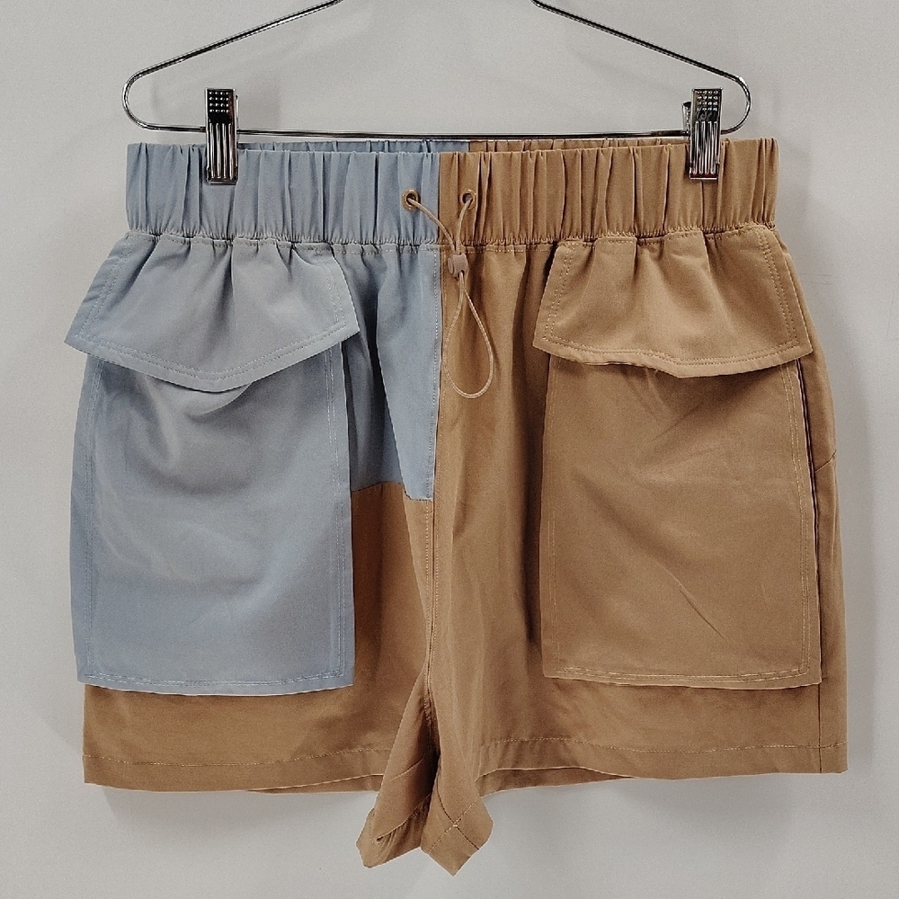 Fabletics Anastasia Cargo Shorts Medium Tan And Blue Drawstring Stretch Waist
